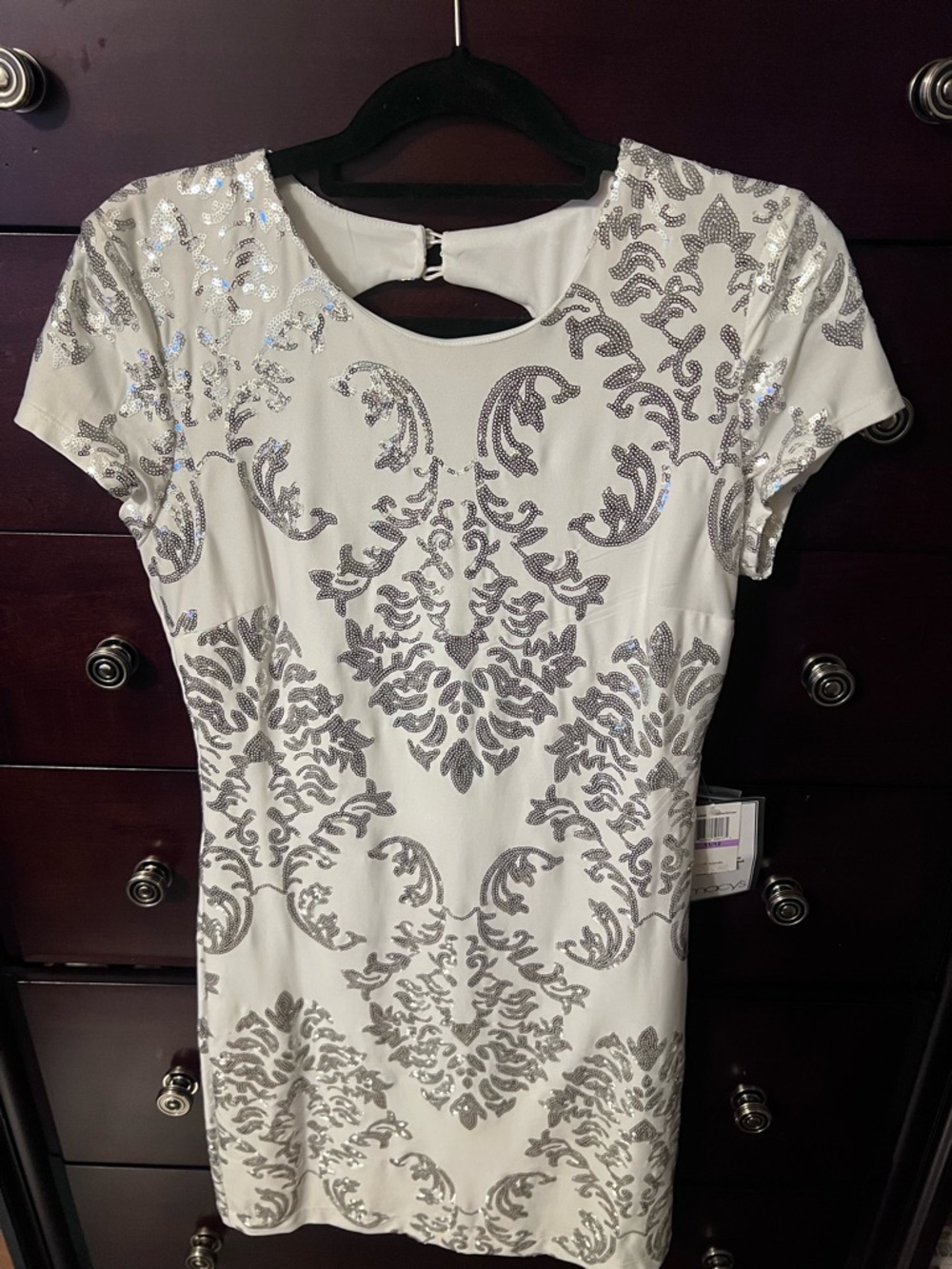 Macy's White Mini Dress with Silver Sequin Damask